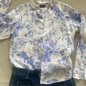 Linen Toile Floral Shirt Blue White M Coastal Summer